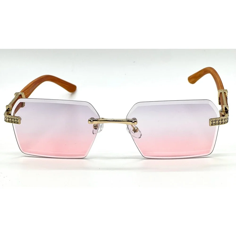Rimless Sunglasses Women Men Fashion Wood Grain Frame Pink Purple Lens 80's 90's